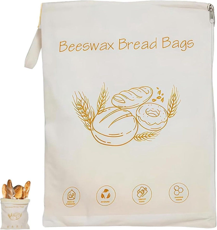 Reusable Beeswax Bread Storage Bag with Zipper, 43 x 33 cm Cotton Food Bag for Bread, Produce and Kitchen Storage
