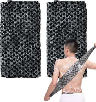 2 Pack Japanese Exfoliating Back Scrubber Towels, Extra Long Black Body Washcloths for Bath, Shower Cleansing and Massage