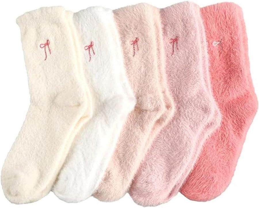 5 Pairs Women's Plush Bow Socks, Thick Warm Fuzzy Winter Home Socks for Lounging, Sleeping and Cold Weather Comfort