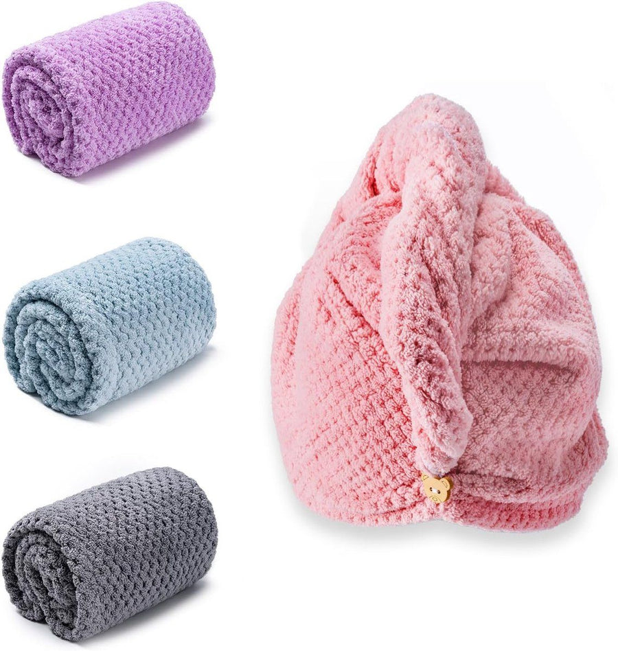 4 Pack Microfiber Hair Towel Wraps, Quick Drying Hair Turban Towels for Long Hair, Bathing, Showering and Daily Hair Care