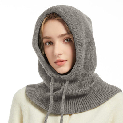 Women's Gray Knit Hood Scarf with Drawstring, Windproof Balaclava Neck Warmer for Winter Skiing, Riding and Motorcycling