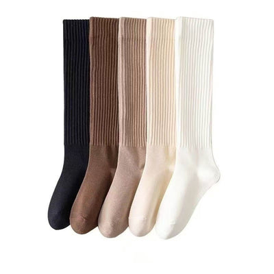 5 Pairs Women's Ribbed Knee High Socks, Solid Color Long Casual Socks for Autumn Winter Outfits, Boots and Daily Wear