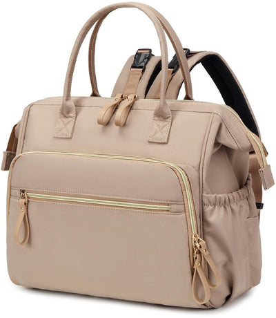 Beige Diaper Bag Backpack with 14 Compartments, Water Repellent Baby Changing Bag with Wide Opening and Stroller Hooks