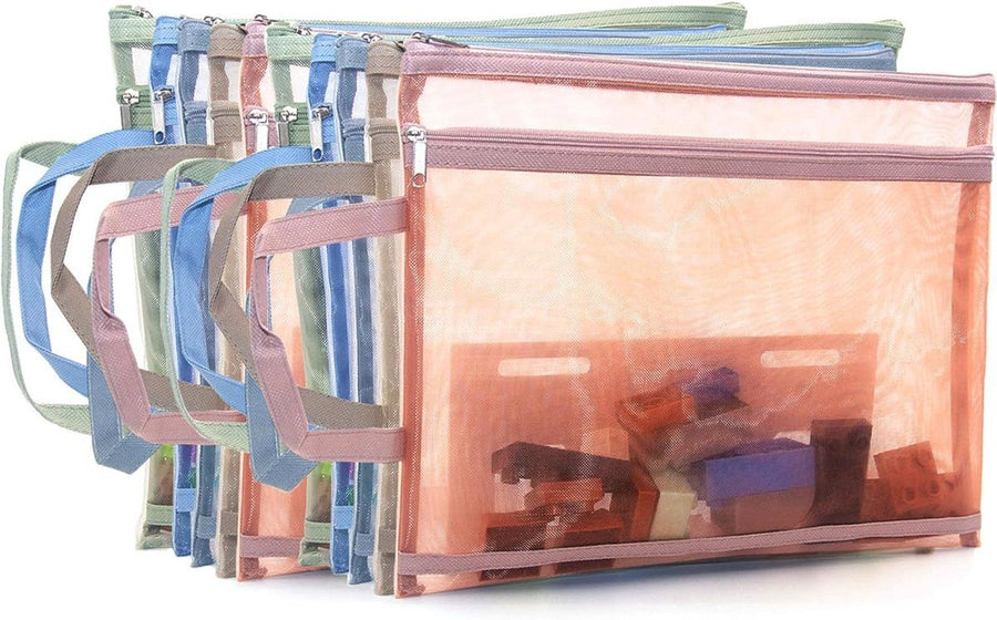 10 Pack A4 Zippered Mesh Storage Bags, Double Layer Nylon Organizer Pouches with Handles for Toys, Puzzles and Blocks