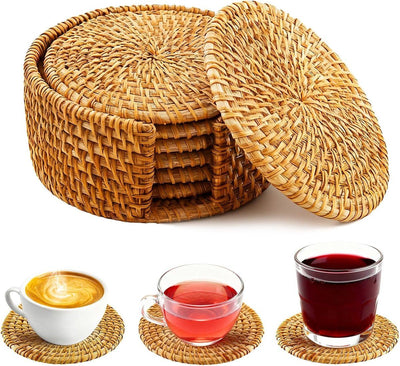 6 Pack Hand Woven Rattan Drink Coasters with Storage Rack, Round Table Mats for Coffee Table, Kitchen and Dining Room
