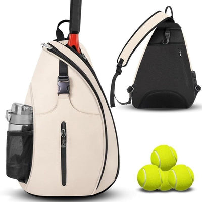 White Tennis Sling Backpack, Water Resistant Crossbody Racket Bag for Tennis, Pickleball and Badminton, Lightweight Unisex Design