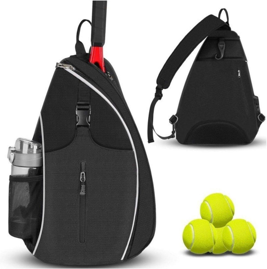 Black Tennis Sling Backpack, Water Resistant Crossbody Racket Bag for Tennis, Pickleball and Badminton, Lightweight Unisex Design
