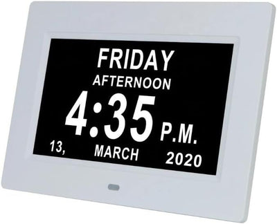 7" Large Display Digital Clock with Detailed Time & Date, Multiple Alarm Reminders,Language Options,Plug-in operation,Designed specifically for the elderly(White)