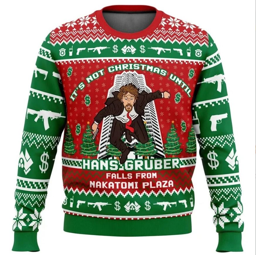 Men's Hans Gruber Nakatomi Plaza Ugly Christmas Sweatshirt, Long Sleeve Graphic Pullover for Holiday Parties and Winter Wear, Size XXXL