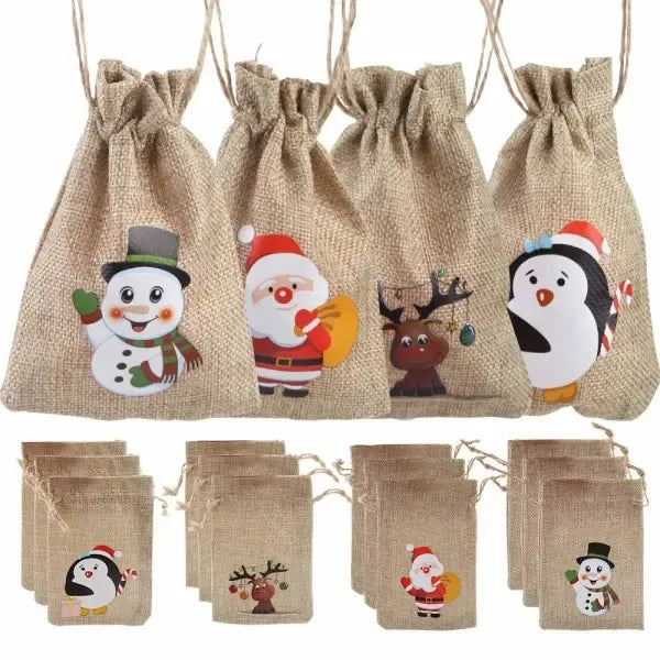 12 Pack Jute Drawstring Gift Bags, Small Burlap Candy and Treat Sacks for Christmas Gifts, Cookies, Party Favors and Holiday Packaging