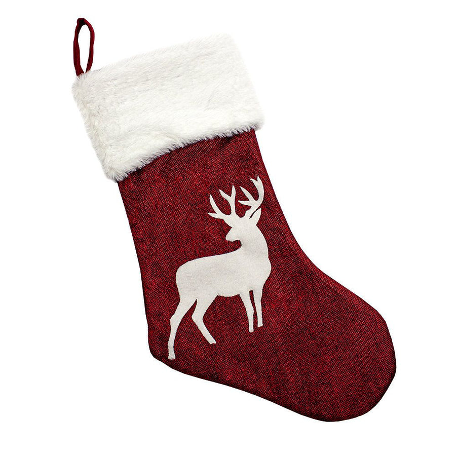 Christmas Stocking with Reindeer Motif, Red Hanging Gift Sock for Mantel, Fireplace, Tree Decoration and Holiday Treat Storage