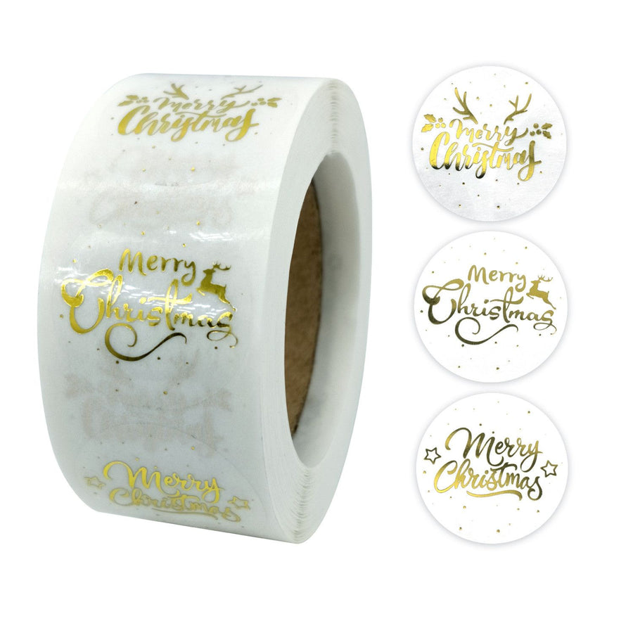 500 Pack Merry Christmas Stickers, Gold Self Adhesive Round Labels on 1 Roll for Gift Wrapping, Envelopes, Cards and Holiday Crafts