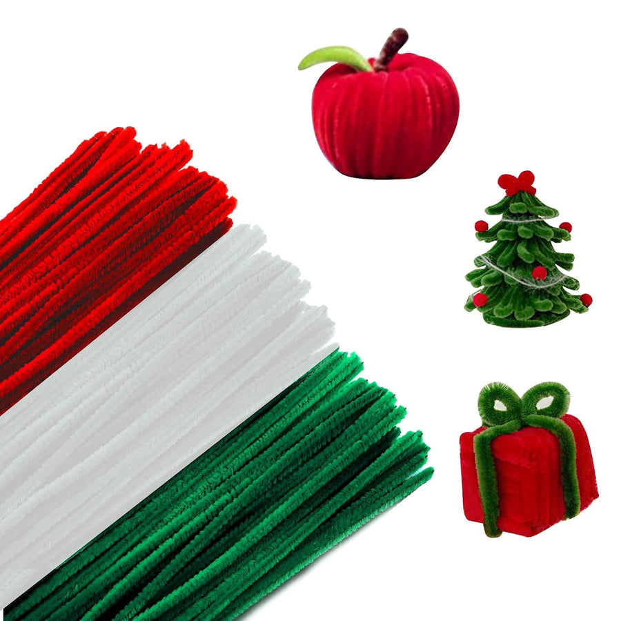 300 Pack 30 cm Chenille Pipe Cleaners, Green Red and White Craft Wires for DIY Projects, Gift Making and Christmas Decorations