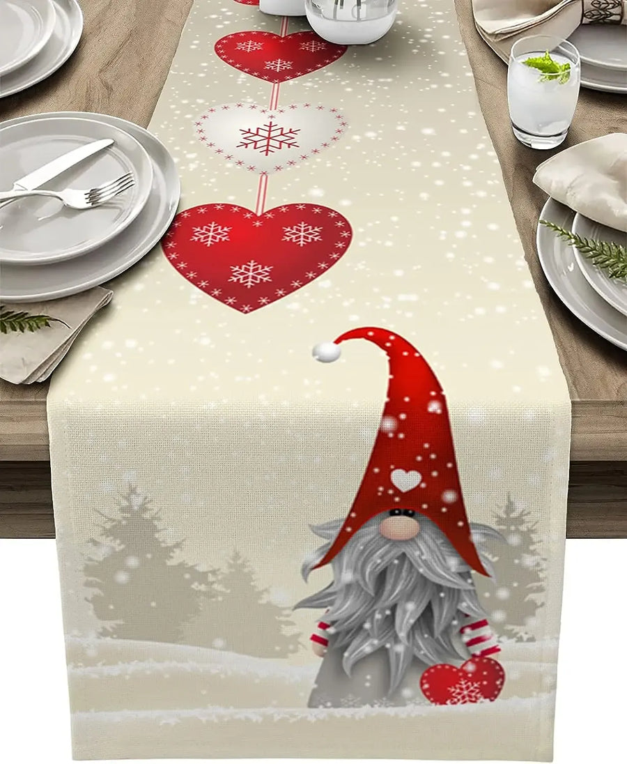 Christmas Snowflake Gnome Linen Table Runner, 200 x 33 cm, 79 x 13 in, Decorative Dresser Scarf for Dining Table and Holiday Decor