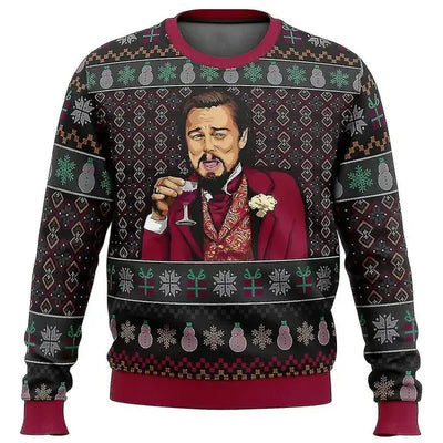 Men's Funny Leo DiCaprio Meme Ugly Christmas Sweatshirt, Long Sleeve Graphic Pullover for Holiday Parties and Winter Wear, Size S