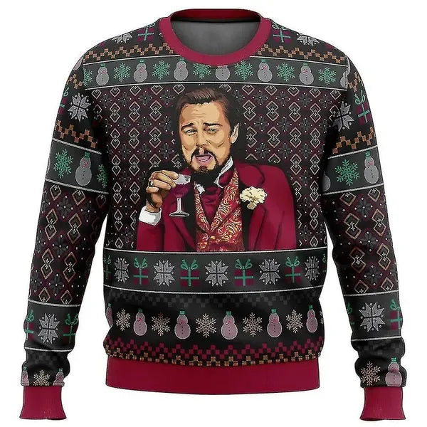 Men's Funny Leo DiCaprio Meme Ugly Christmas Sweatshirt, Long Sleeve Graphic Pullover for Holiday Parties and Winter Wear, Size L