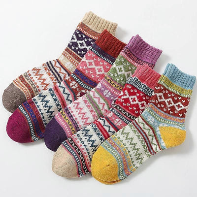 Warm Wool Christmas Socks, Colorful Nordic Pattern Knit Crew Socks for Winter Wear, Holiday Gifts, Home Lounging and Seasonal Outfits