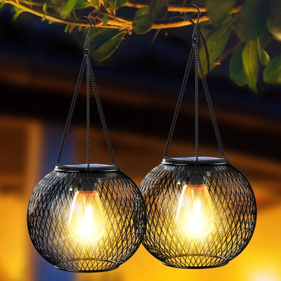 2 Pack Outdoor Solar Lights, Waterproof LED Hanging Lanterns with Warm White Light for Garden, Patio, Halloween and Christmas Decor
