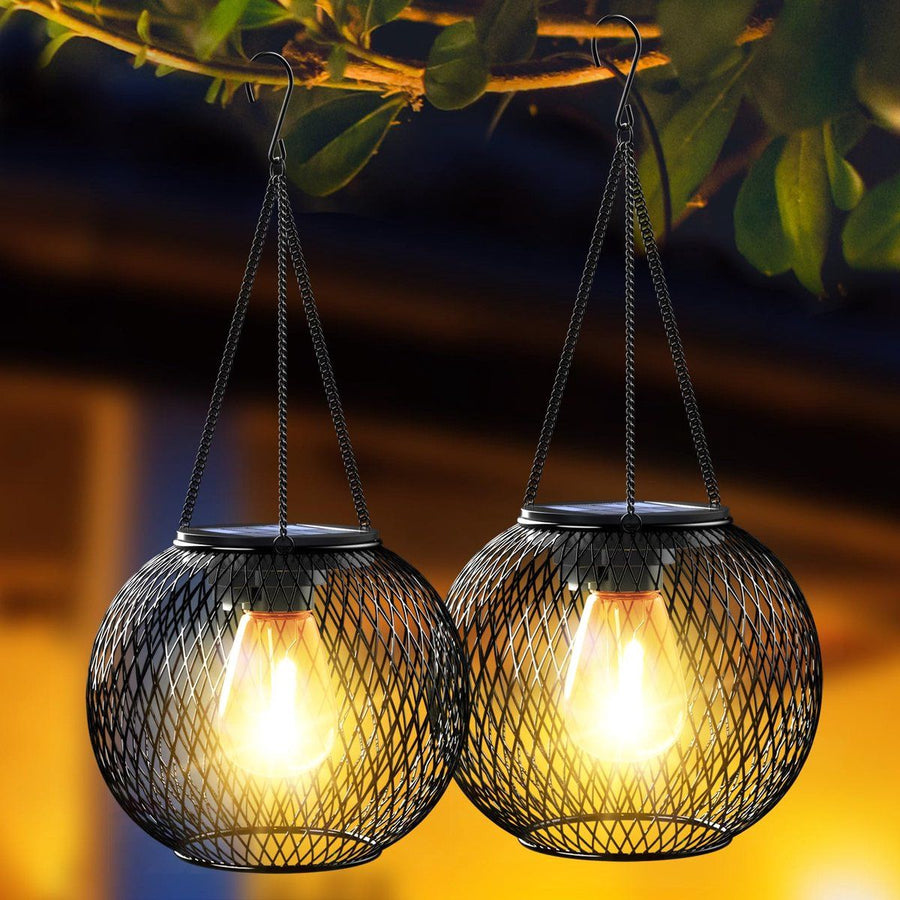 2 Pack Outdoor Solar Lights, Waterproof LED Hanging Lanterns with Warm White Light for Garden, Patio, Halloween and Christmas Decor
