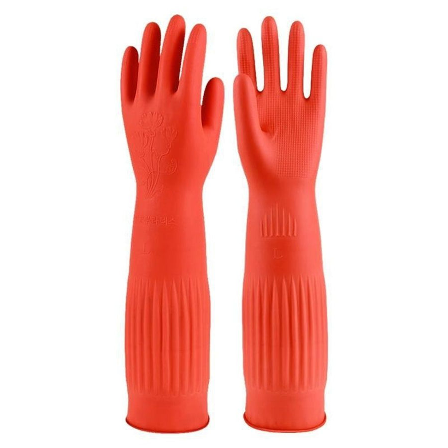 Rubber Dishwashing Cleaning Gloves (2-Pair) - Reusable, Waterproof with Extra-Long Cuff & Anti-Slip Design for Household & Kitchen Use - Large