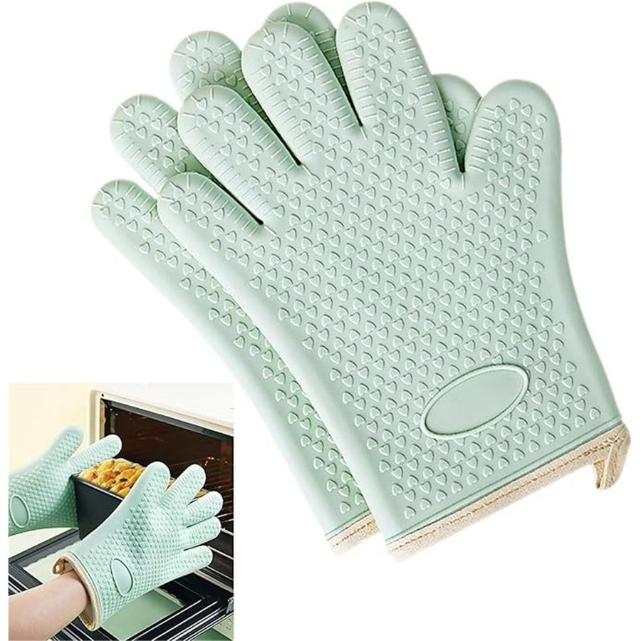 1 pair Silicone Oven Mitts Heat Resistant ,Waterproof & Non-Slip Oven Gloves with Fingers,Cotton Lined Silicone Oven Gloves Kitchen Mitts for Baking Cooking Barbecue,Women (Green)