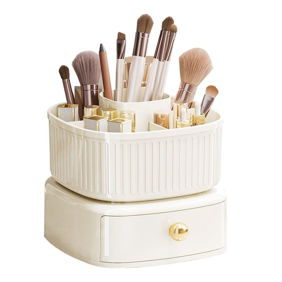 360 Degree Rotatable Pen Holder with Drawer, 5 Slots Office Desk Organizer Pen Holder for Desk Multi-Functional Pencil Box Desktop Stationary Organizer（milky white,Only makeup box available）