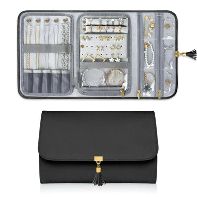 Black Jewelry Organizer, Vegan Leather Big Jewelry Travel Rolls with Clear Pockets, Tangle-Free Necklace Holder for Daily Jewels Earrings Rings Bracelets, Great Gifts for Women（excluding jewelry）