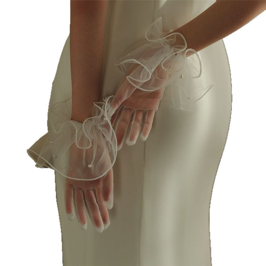 2 set Women's Short Mesh Gloves Ruffled Tulle Tea Party Gloves for Formal Costume Evening Wedding Party