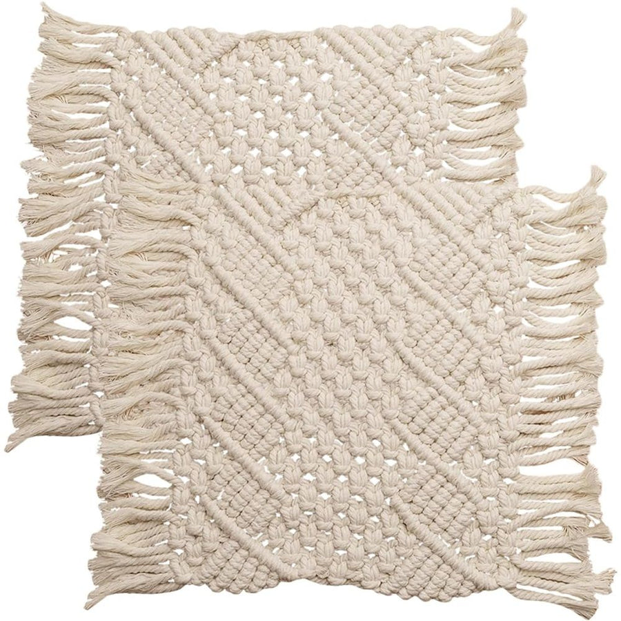 2 pack Handmade Cotton Woven Crochet Placemat with Tassels, 10 x12 Inches Small Place Mat for Bohemian Wedding Décor, Boho Table Mat for Farmhouse, Rustic Décor for Dining Table, Beige