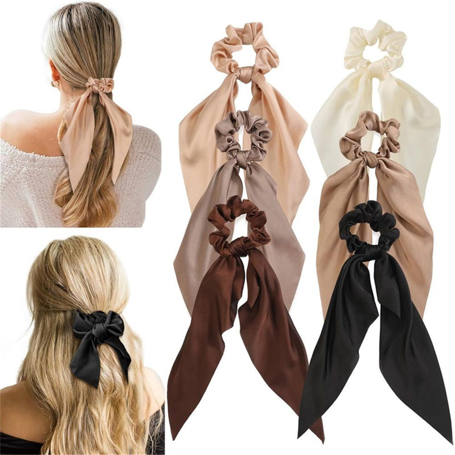 6 PCS Hair Scarf Scruncheis for Women Knotted Bow Hair Ties Elastic Bands Satin Hair Ribbon Scrunchy Ponytail Holder for Women and Girls（six different colors）