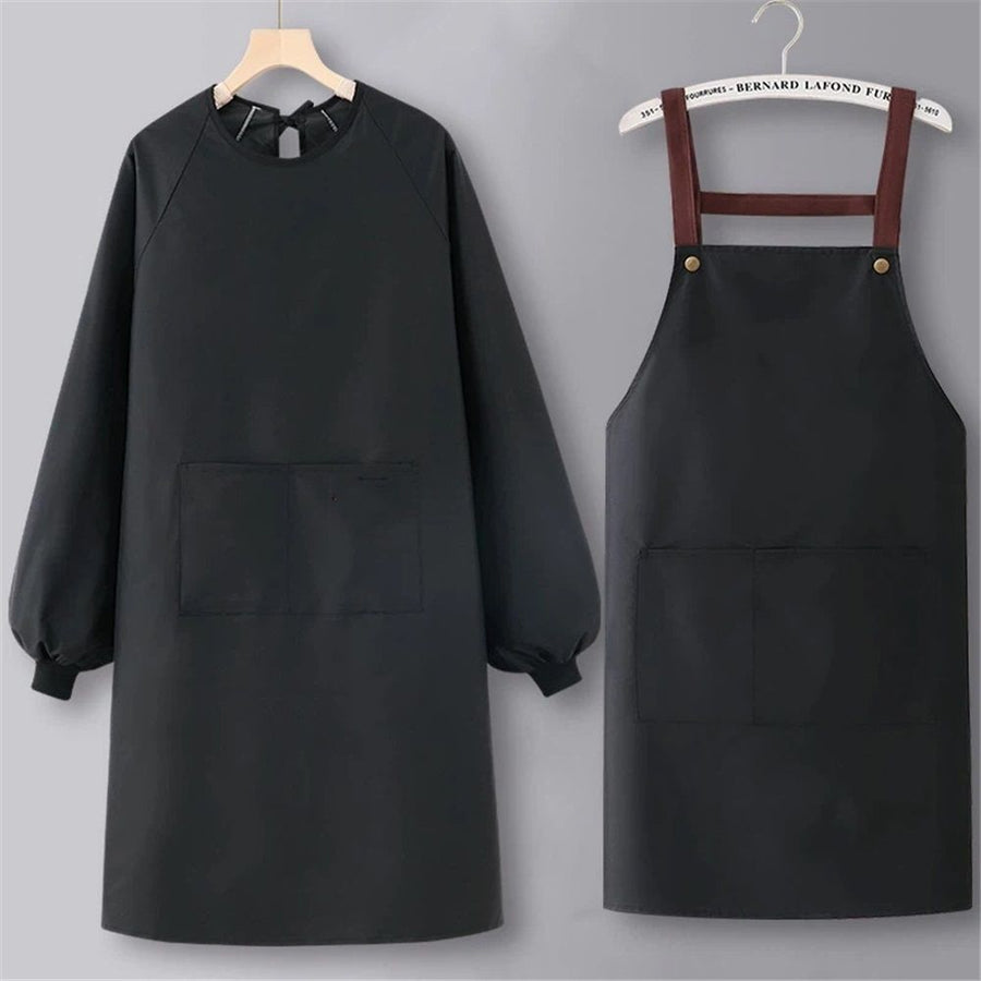 2 pack Solid Color Kitchen Apron with Pockets,Unisex Long Sleeves Waterproof Apron for Cooking Baking Cleaning Work