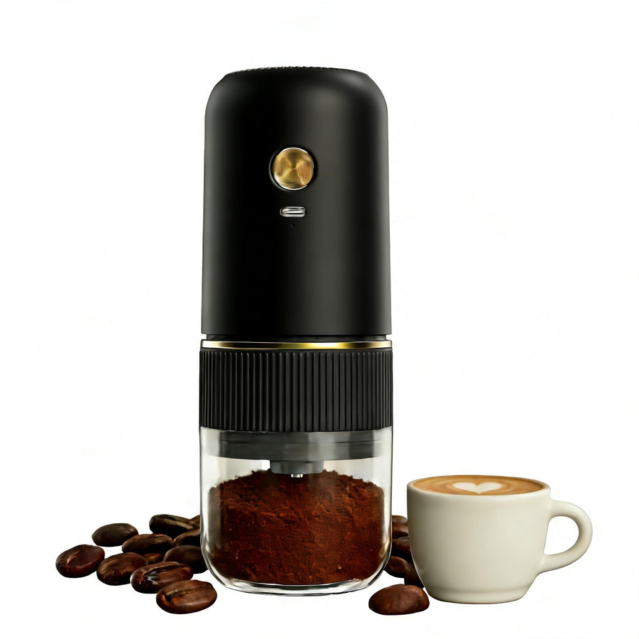 Black electric coffee grinder, automatic spice grinder, rechargeable, salt grinder, pepper grinder, adjustable coarseness, detachable design, kitchen tool.