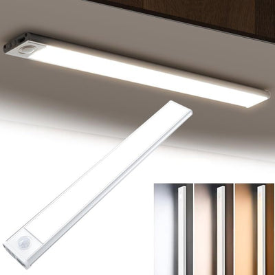 60cm silver LED light strip, wireless magnetic under-cabinet lighting, USB rechargeable, suitable for wardrobes, kitchens, and hallways.