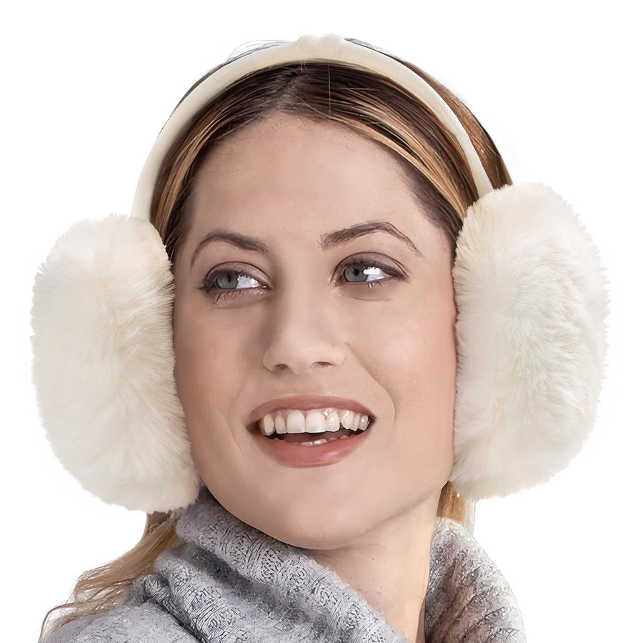 White fluffy Plush Winter Ear Muffs for Women, Foldable Soft Ear Warmers Windproof Thermal Earmuffs for Cold Weather Outdoor Daily Wear