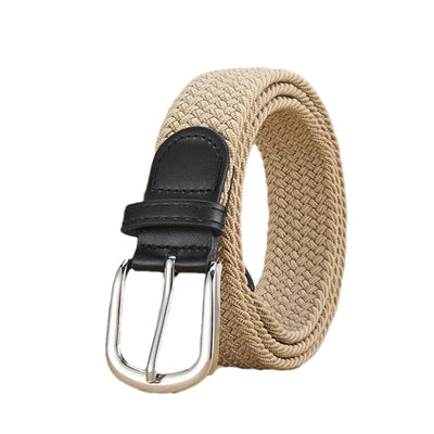 Unisex stretch khaki woven canvas belt with pin buckle, suitable for jeans, casual pants, shorts and casual wear.