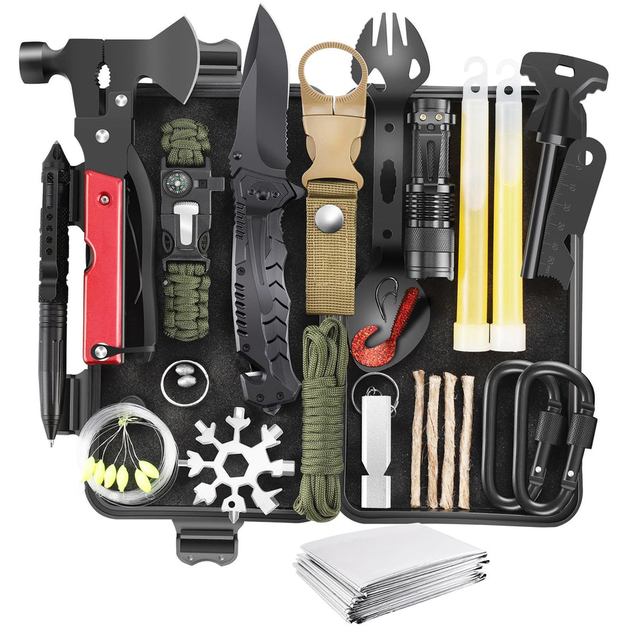 Red box outdoor survival equipment, wilderness survival treasure box toolbox set, adventure travel, car self rescue, car mounted artifact