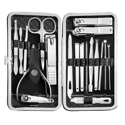 19 piece black nail care set stainless steel beauty set with plant printing bag, including scissors, tweezers, nail files