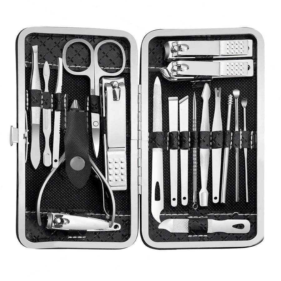 19 piece black nail care set stainless steel beauty set with plant printing bag, including scissors, tweezers, nail files