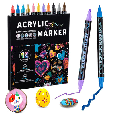 12 color acrylic paint markings, double pointed, with 1mm ultra-fine and 1-5mm point tips, waterproof, non-toxic, suitable for rocks, glass, ceramics