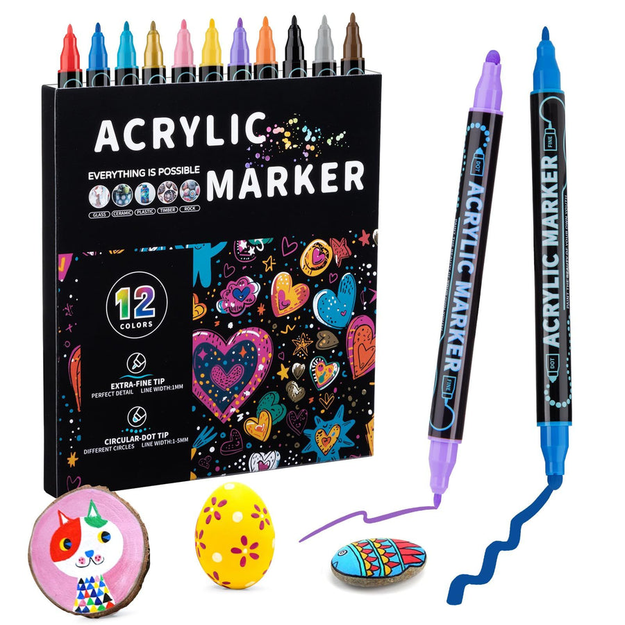 12 color acrylic paint markings, double pointed, with 1mm ultra-fine and 1-5mm point tips, waterproof, non-toxic, suitable for rocks, glass, ceramics