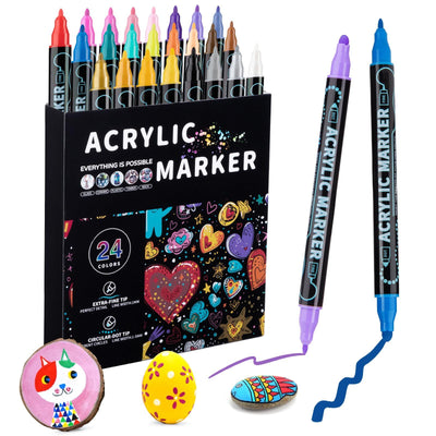 24 color acrylic paint markings, double pointed, with 1mm ultra-fine and 1-5mm point tips, waterproof, non-toxic, suitable for rocks, glass, ceramics