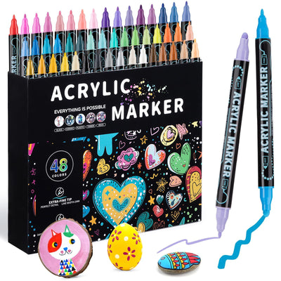 48 color acrylic paint markings, double pointed, with 1mm ultra-fine and 1-5mm point tips, waterproof, non-toxic, suitable for rocks, glass, ceramics