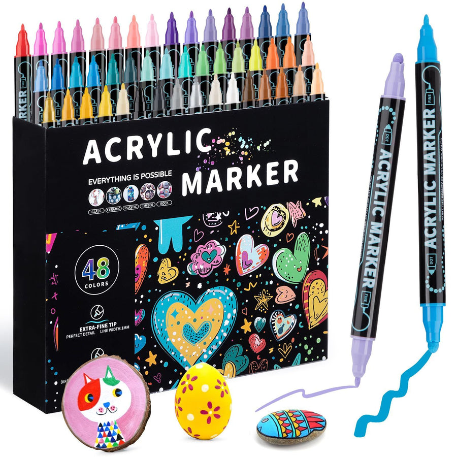 48 color acrylic paint markings, double pointed, with 1mm ultra-fine and 1-5mm point tips, waterproof, non-toxic, suitable for rocks, glass, ceramics