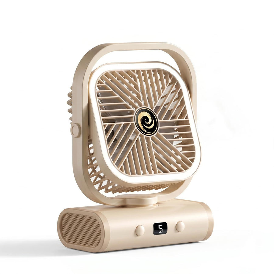 White USB Desk Fan with 2400mAh Rechargeable Battery, 5 Speeds Quiet Table Fan, 90° Oscillation, Small Desktop Fan with Night Light