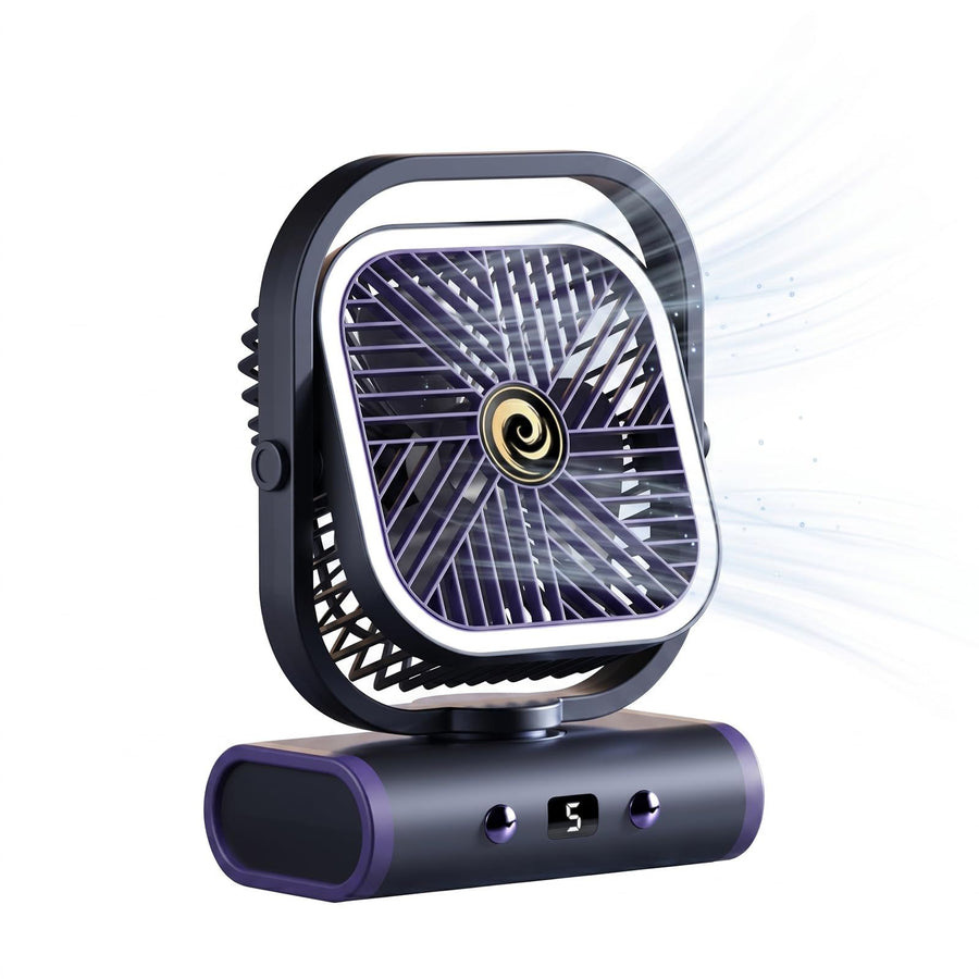 Grey USB Desk Fan with 2400mAh Rechargeable Battery, 5 Speeds Quiet Table Fan, 90° Oscillation, Small Desktop Fan with Night Light