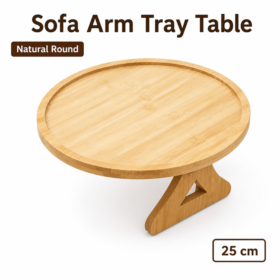 Bamboo Sofa Arm Tray Table, Clip-On Couch Armrest Table for Recliners and Armchairs, TV Dinner, Drink, Snack and Remote Holder, Natural Round, 9.8 Inch
