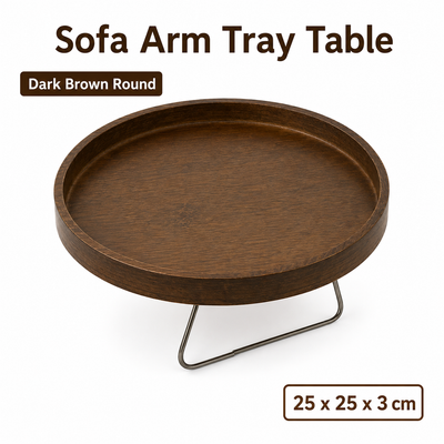 Bamboo Sofa Arm Tray Table for Couch Armrests, Space-Saving TV Dinner, Drink, Snack and Remote Holder, Dark Brown Round, 9.8 x 1.2 Inch