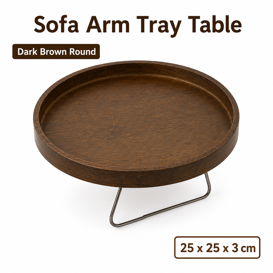 Bamboo Sofa Arm Tray Table for Couch Armrests, Space-Saving TV Dinner, Drink, Snack and Remote Holder, Dark Brown Round, 9.8 x 1.2 Inch