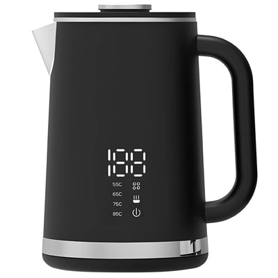Black electric kettle, 1.7L stainless steel kettle, 1500W rapid heating, with LED display, adjustable temperature, double-walled anti-scalding design, automatic power-off.