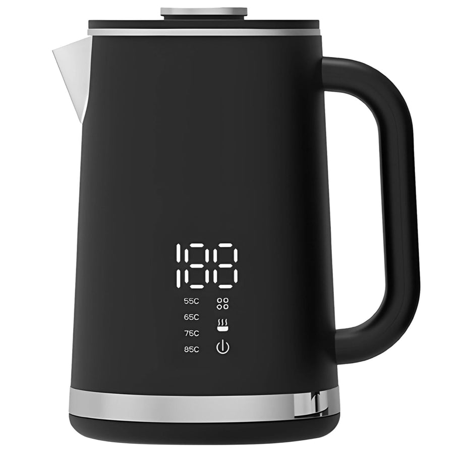 Black electric kettle, 1.7L stainless steel kettle, 1500W rapid heating, with LED display, adjustable temperature, double-walled anti-scalding design, automatic power-off.